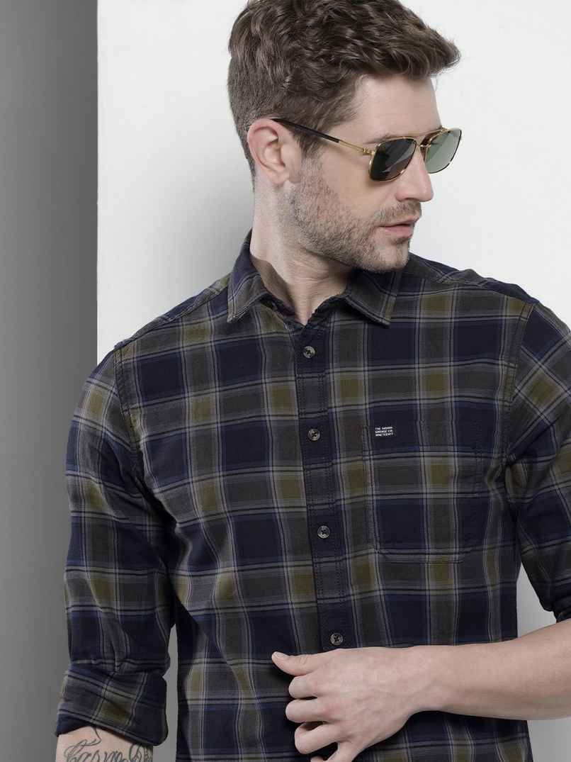 The Indian Garage Co Men's Slim Fit Checkered Casual Shirt | Navy Blue & Green - M