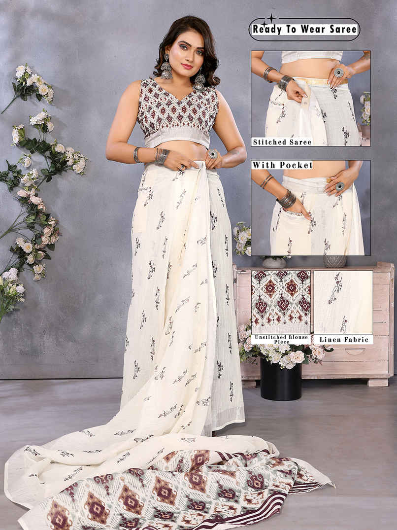 Hema Silk Mills Woman Digital Print Bollywood Linen Saree Ready to Wear saree with pocket | Cream Hema Silk Mills Woman Digital Print Bollywood Linen Saree Ready to Wear saree with pocket | Cream