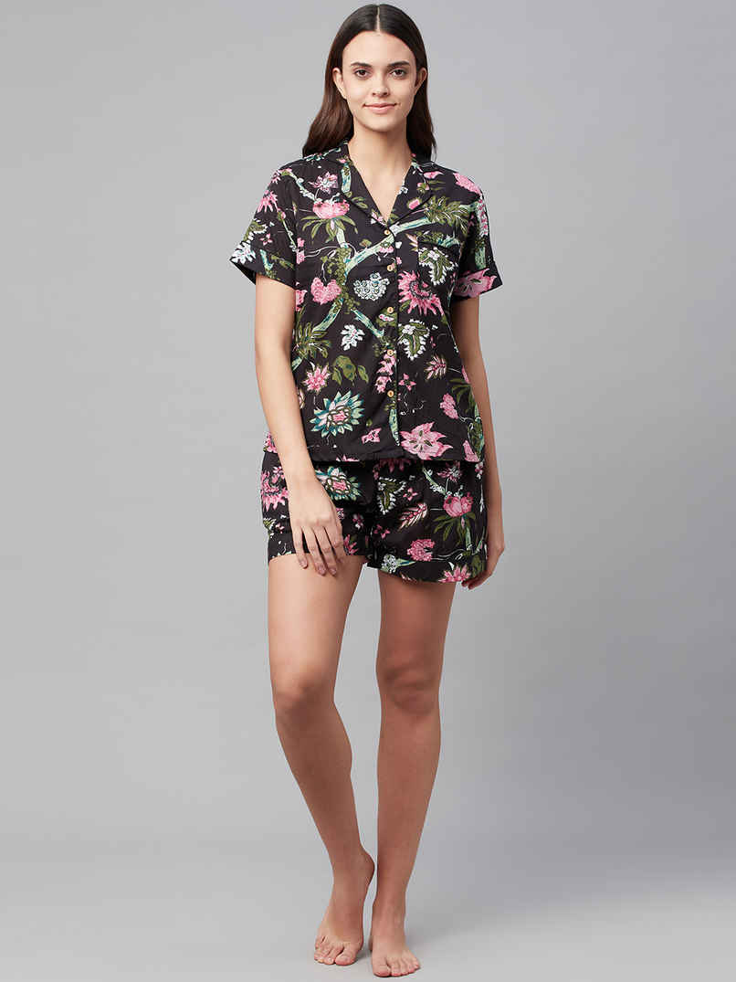 Divena Cotton Floral Print Women's Night Suit | DK0222 | Black - M