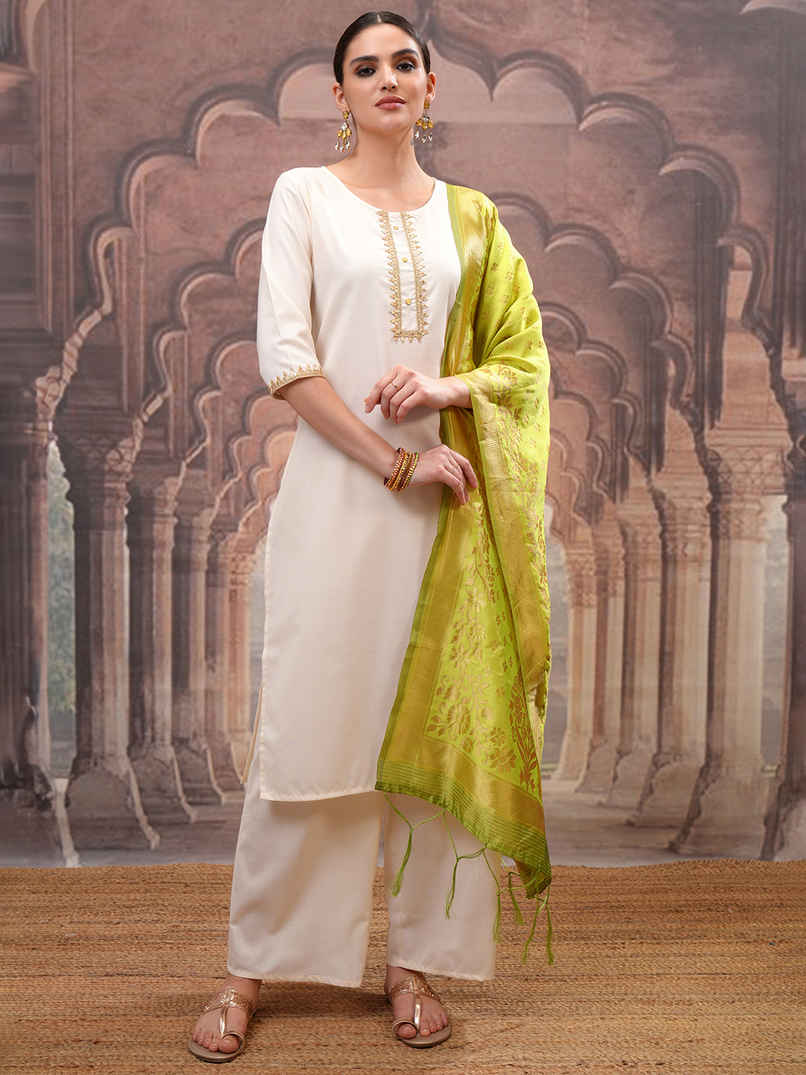 Vishudh Women's Embroidered Straight Kurta with Palazzo & Dupatta | Cream | L Vishudh Women's Embroidered Straight Kurta with Palazzo & Dupatta | Cream | L