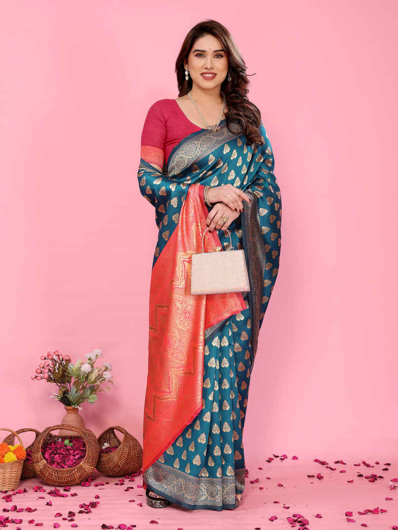 Hema Silk Mills Women Woven Banarasi Silk Blend Saree | Red