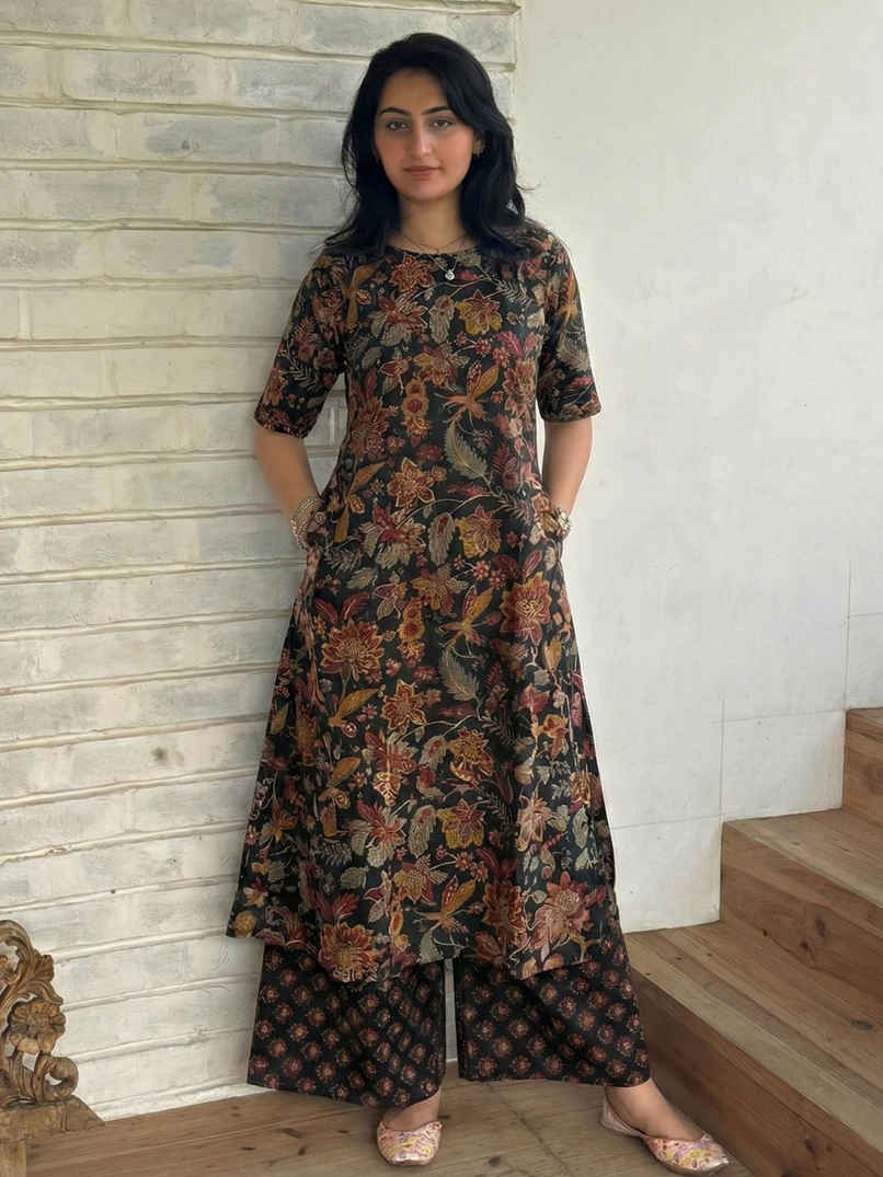 GoSriKi Women's Rayon Viscose Straight Printed Kurta with Palazzo | Vibhor Black | M GoSriKi Women's Rayon Viscose Straight Printed Kurta with Palazzo | Vibhor Black | M