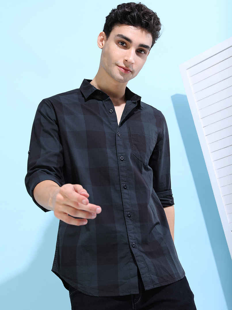 HIGHLANDER Men's Slim Fit Checked Casual Shirt | Grey & Black | S