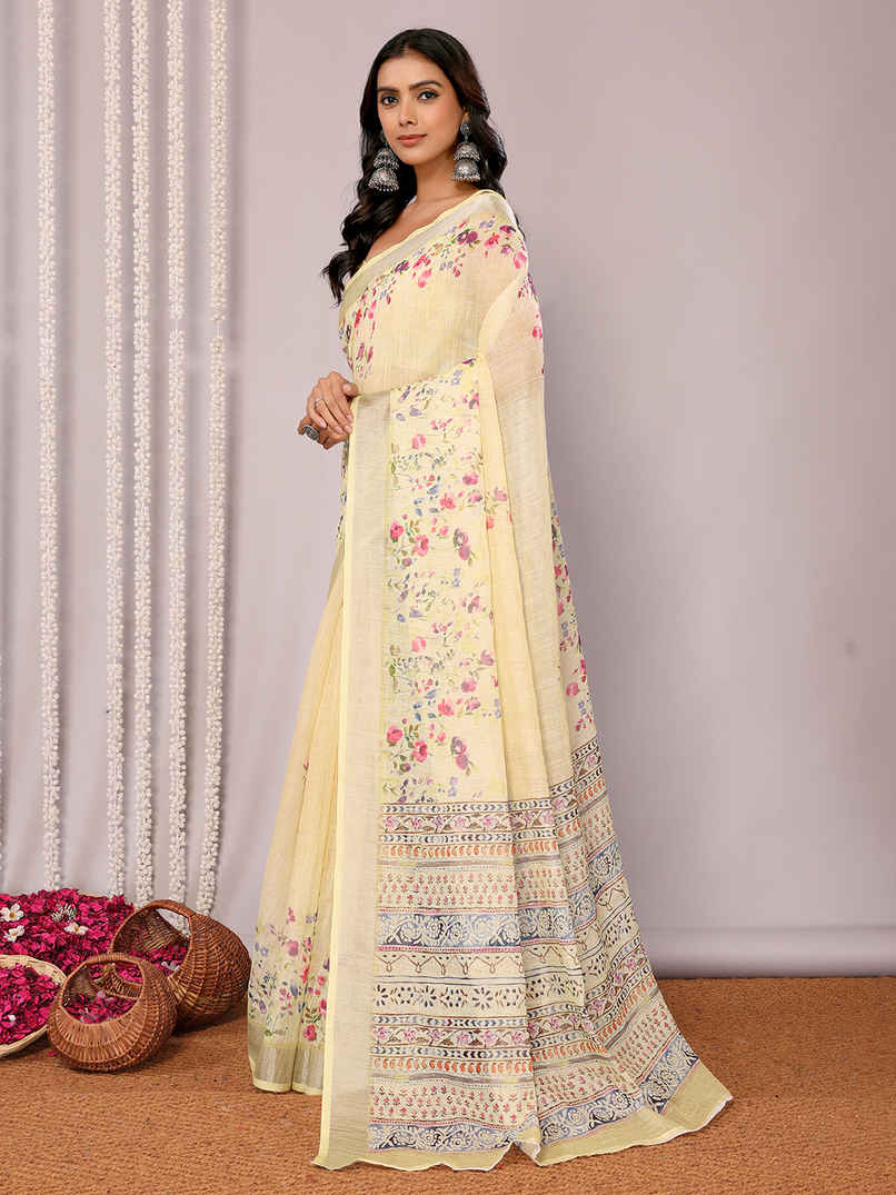 Janasya Women's Cotton Linen Floral Printed Saree with Blouse Piece | SAR449 | Light Yellow
