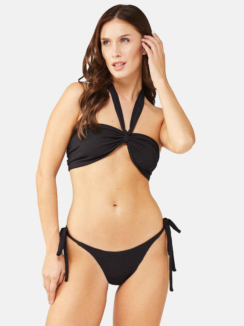 Secrets By Zerokaata Women's Halter Ribbed Beach Wear Bikini Set | Black - Onesize