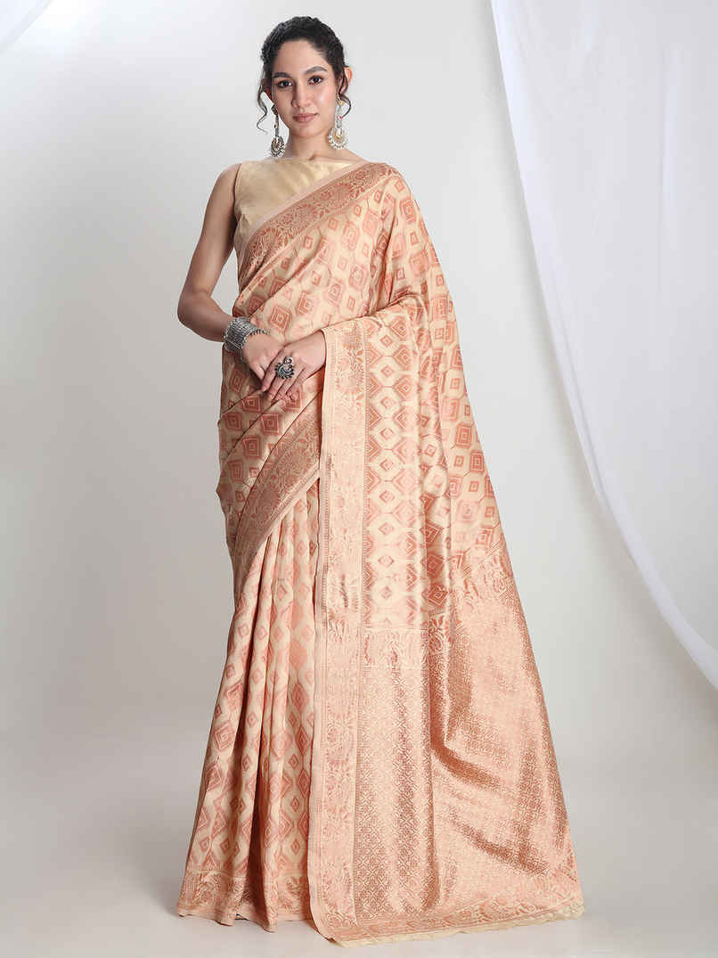 Janasya Women's Silk Blend Geometric Woven Design Jacquard Saree with Blouse Piece | SAR673 | Beige