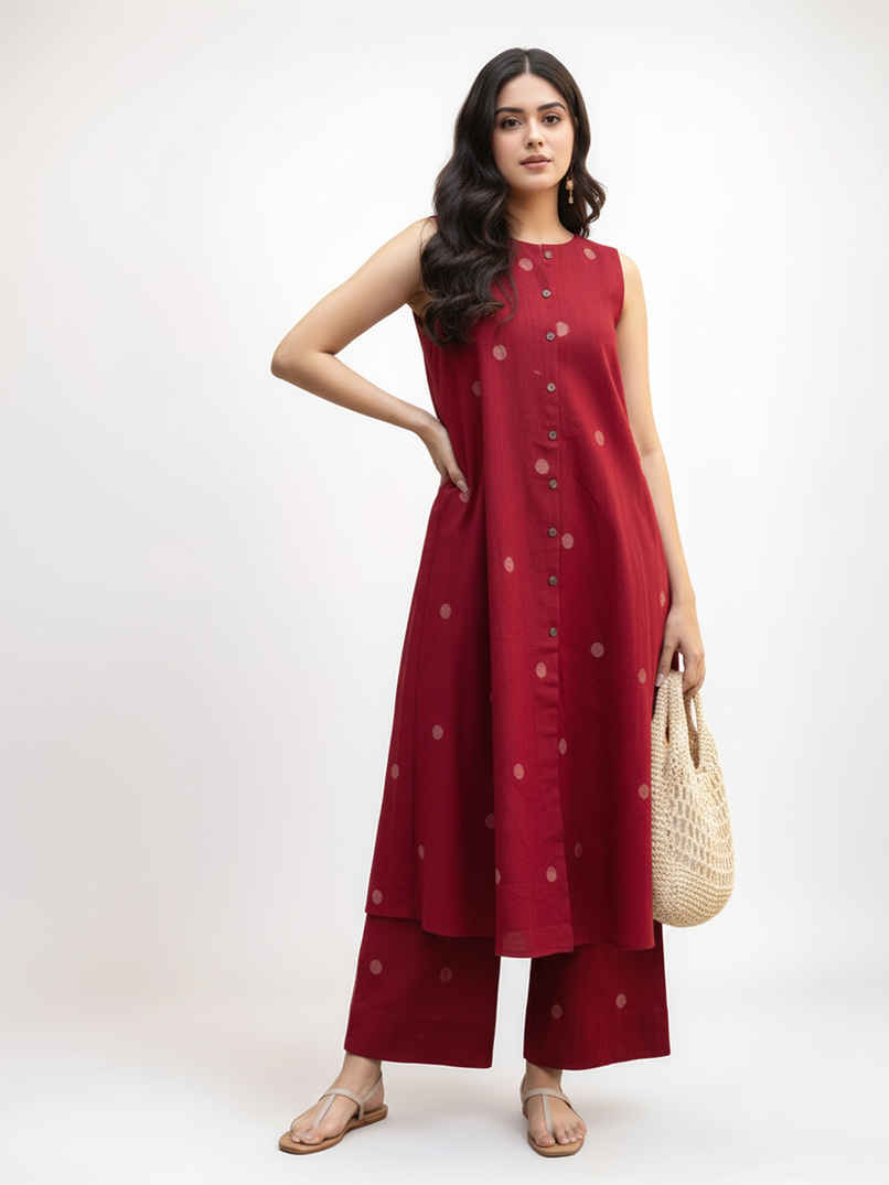 GoSriKi Women's Viscose Rayon Anarkali Polka Print Kurta with Palazzo | Red - XL GoSriKi Women's Viscose Rayon Anarkali Polka Print Kurta with Palazzo | Red - XL