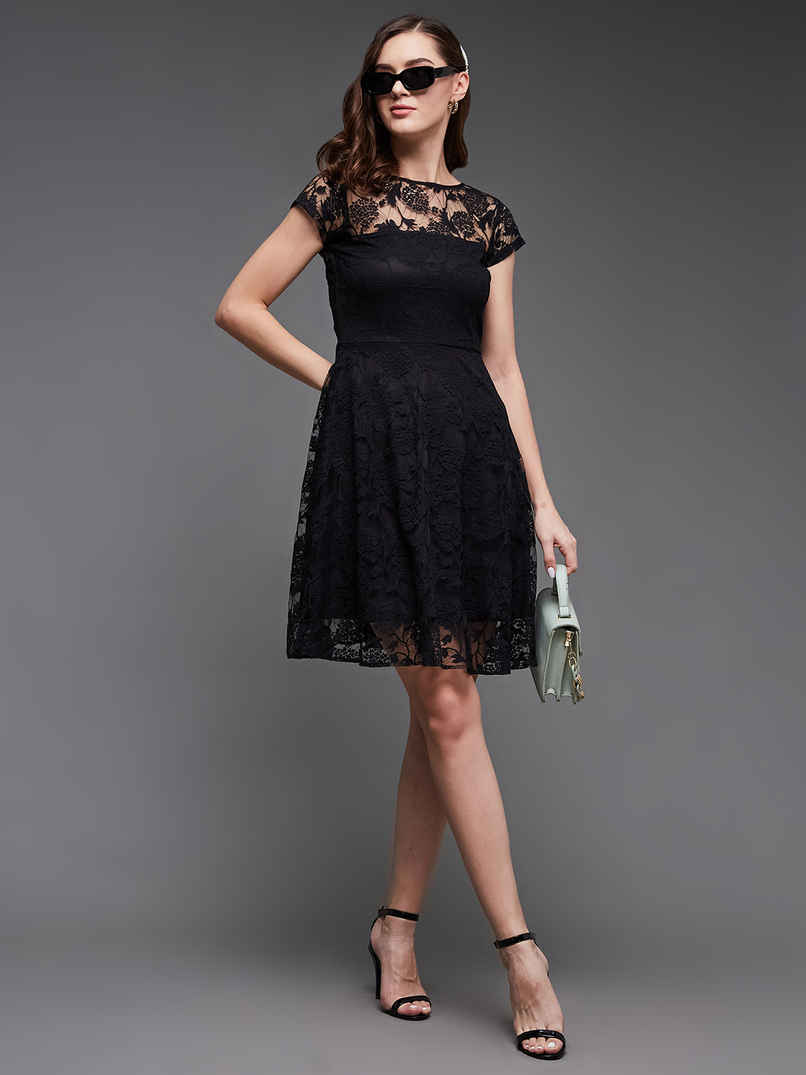 Miss Chase Women Round Neck Cap Sleeves Low Back Lace Skater Dress | Black | S Miss Chase Women Round Neck Cap Sleeves Low Back Lace Skater Dress | Black | S