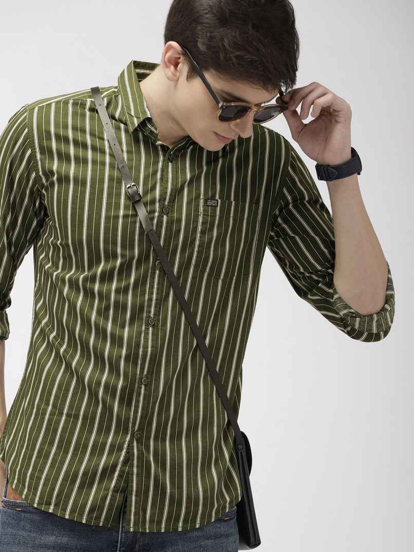 The Indian Garage Co Men's Slim Fit Multi Stripes Casual Shirt | Olive - 2XL