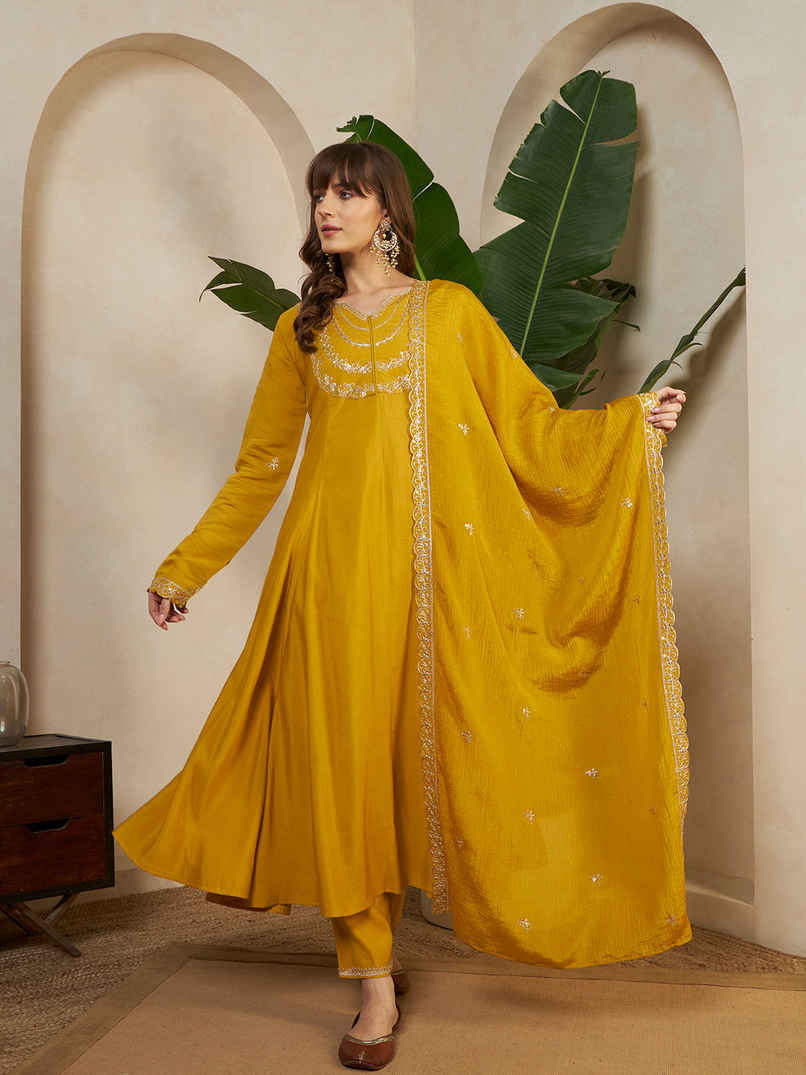 Sheetal Associates Women's Anarkali Kurta with Pants & Dupatta | Kurta 115 | Yellow | S Sheetal Associates Women's Anarkali Kurta with Pants & Dupatta | Kurta 115 | Yellow | S