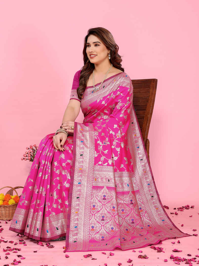 Hema Silk Mills Women Woven Banarasi Meena Jacquard, Silk Blend Saree | Pink Hema Silk Mills Women Woven Banarasi Meena Jacquard, Silk Blend Saree | Pink