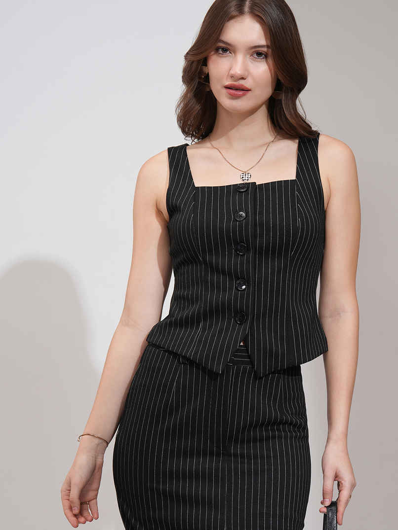 Tokyo Talkies Women's Pinstriped Vest & Midi Column Skirt Set | Black - L