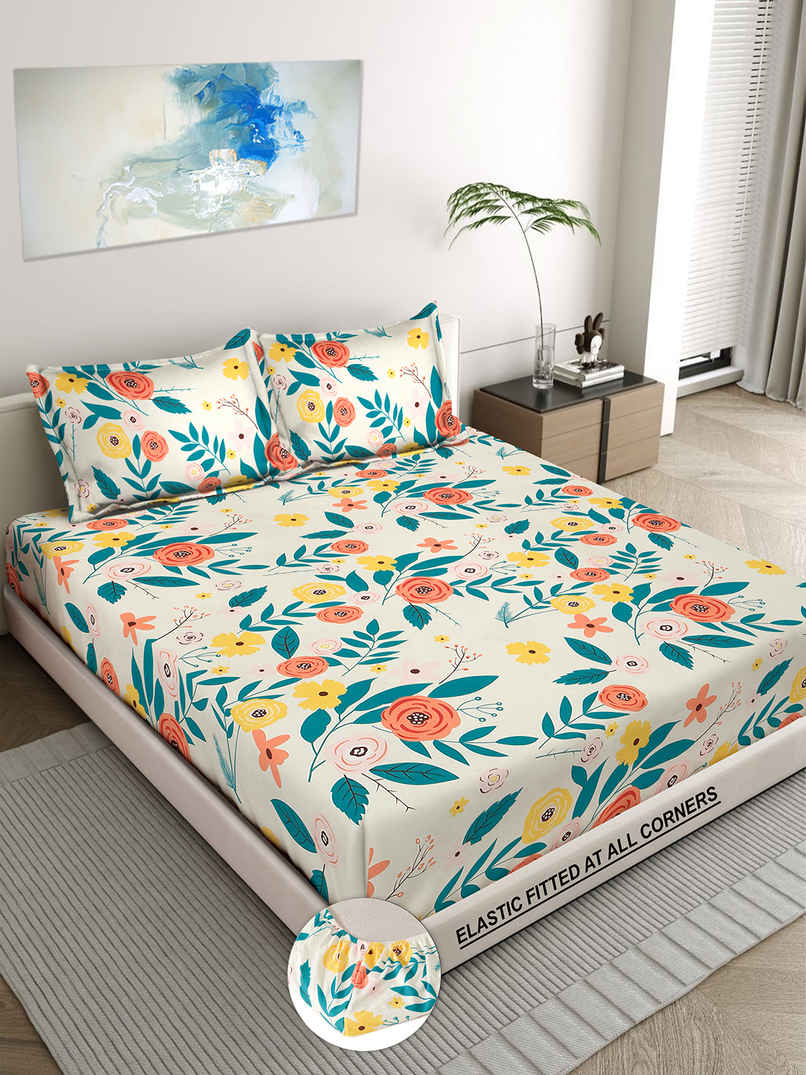 Status Imperial Corner Fitted Bedsheet | Coral Bloom & Teal | 198 x 182 cm
