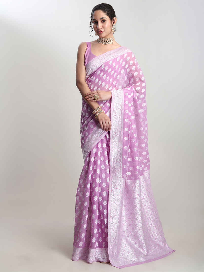 Janasya Women's Silk Blend Floral Woven Design Jacquard Saree with Blouse Piece | SAR631 | Lavender Janasya Women's Silk Blend Floral Woven Design Jacquard Saree with Blouse Piece | SAR631 | Lavender