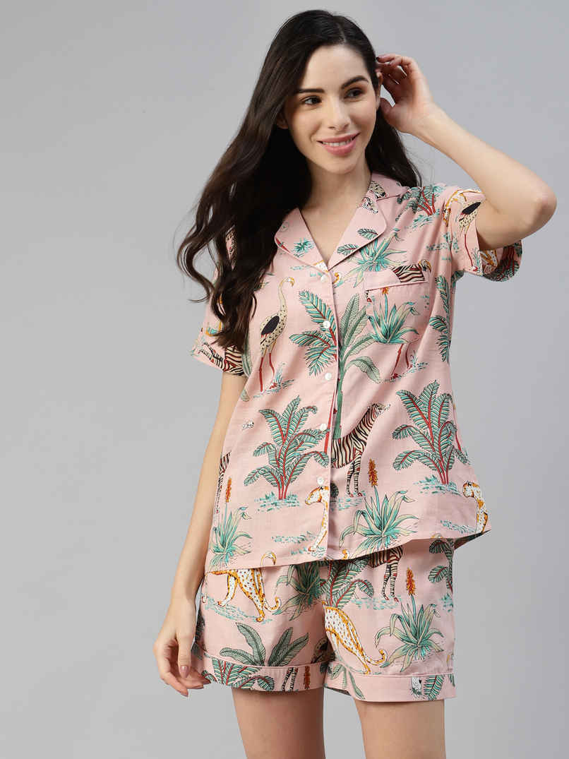 Divena Cotton Floral Print Women's Night Suit | DK0220 | Pink - L
