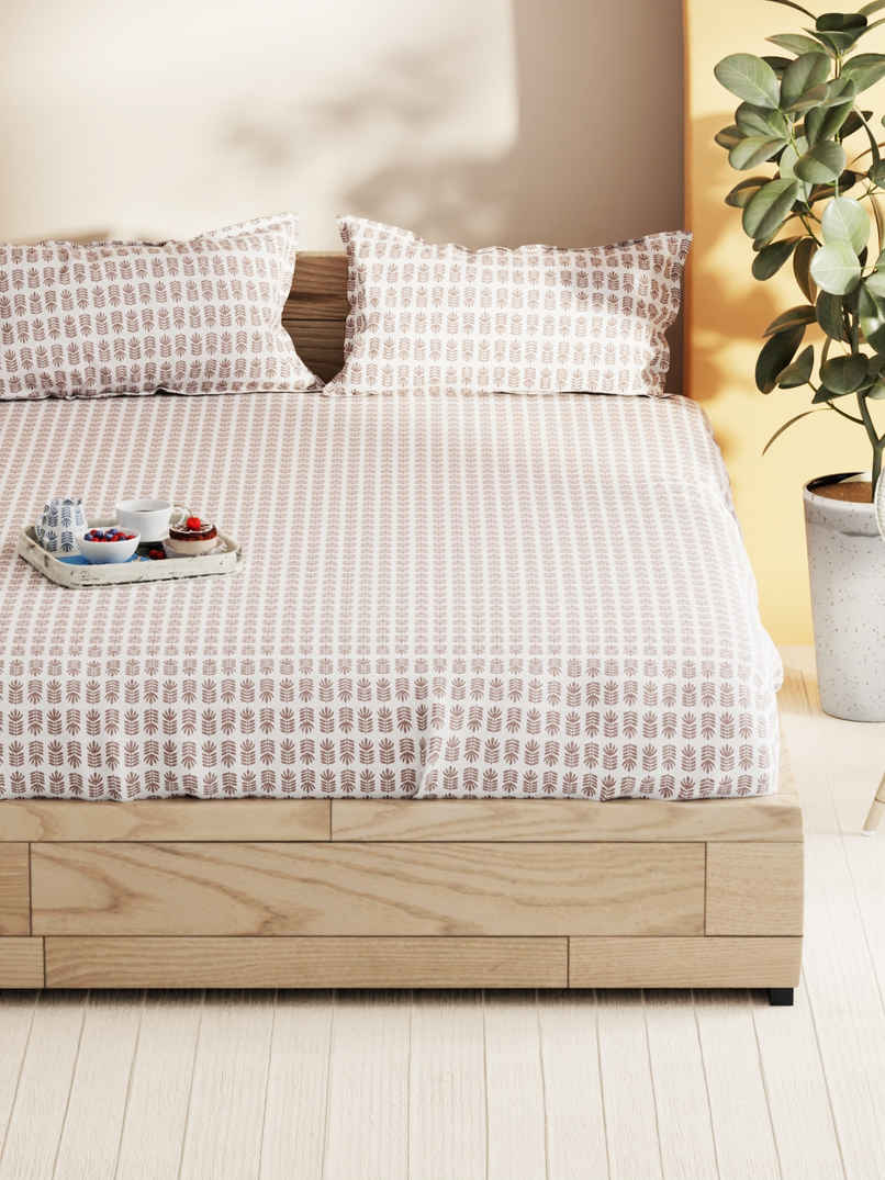 Bianca Soft 100% Natural Cotton Double Bedsheet With 2 Pillow Covers | Laquasa Floral | Brown &Ecru