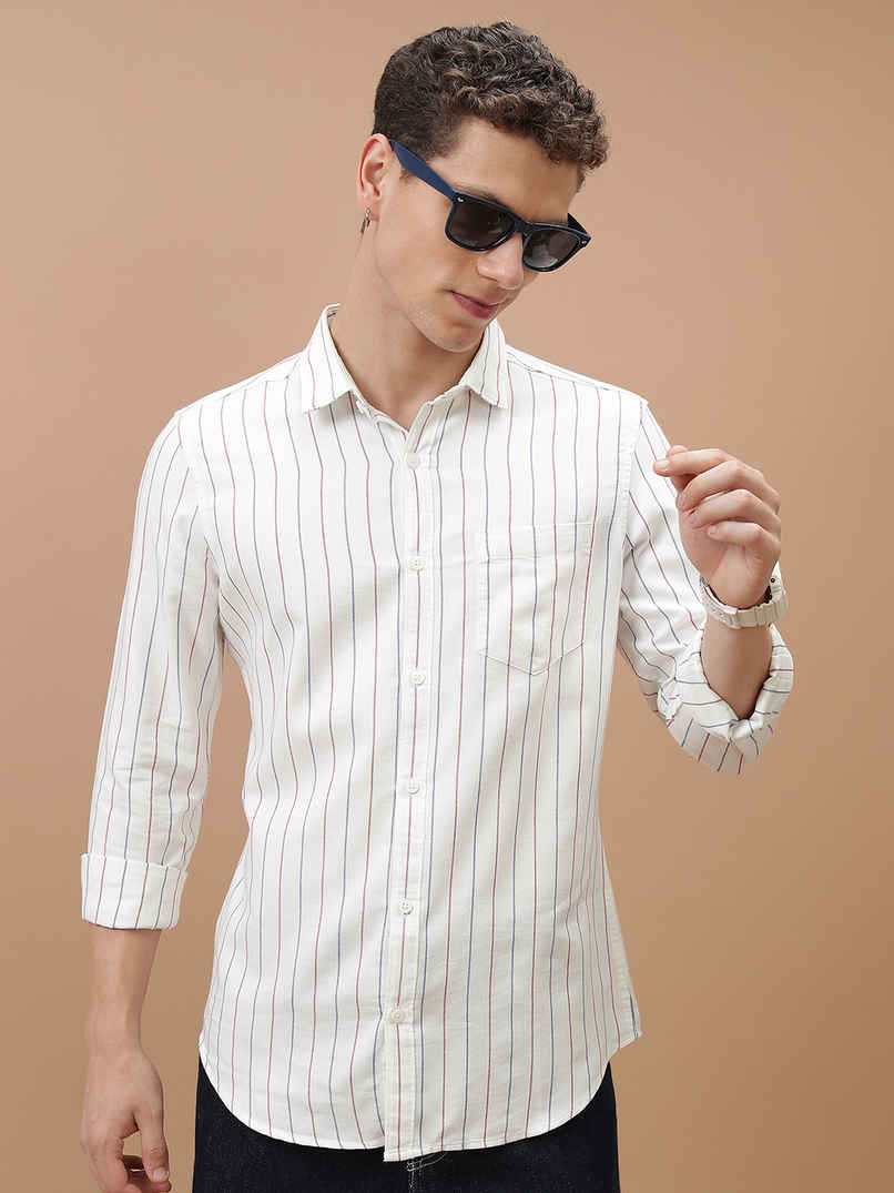 HIGHLANDER Men's Striped Slim Fit Opaque Cotton Casual Shirt | White, Blue and Red - S