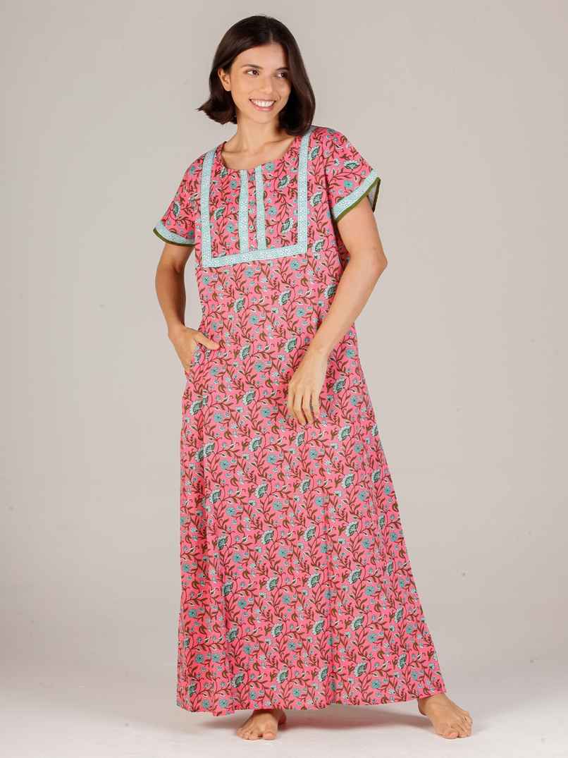 Evolove Women's Soft Cotton & Warm Printed Nighty | Pink | L