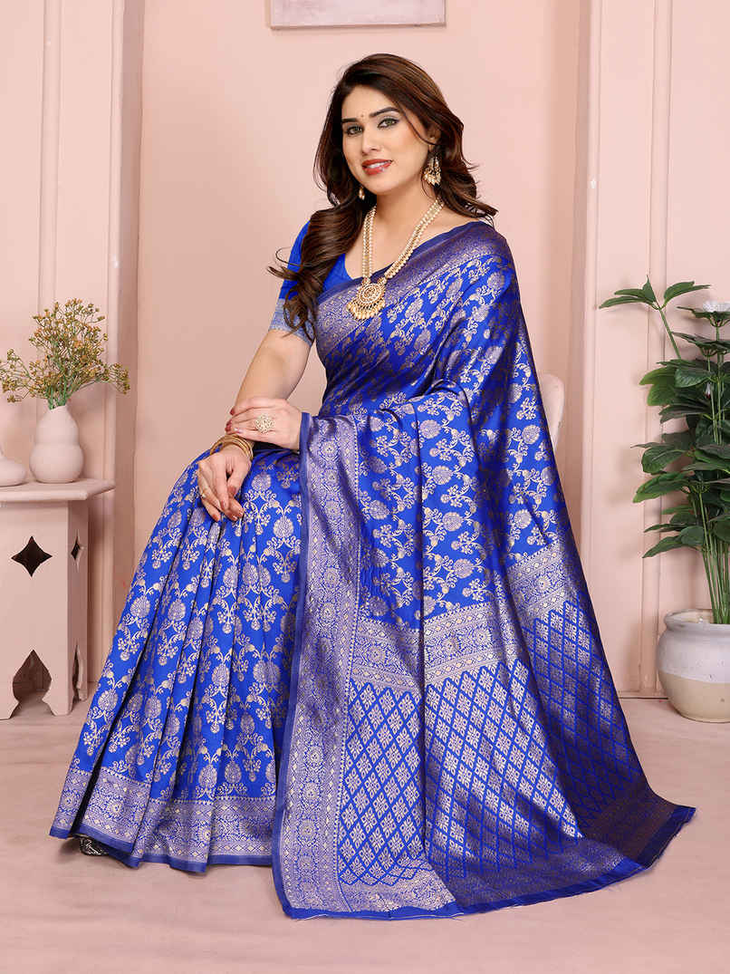 Hema Silk Mills Women Woven Banarasi Silk Blend Saree | Royal Blue Hema Silk Mills Women Woven Banarasi Silk Blend Saree | Royal Blue