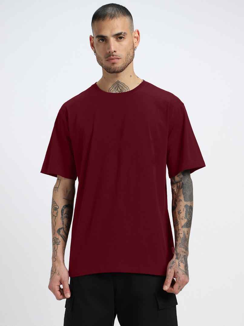 Veirdo Pure Cotton Oversized Fit Round Neck Maroon T-Shirt For Men - XXL