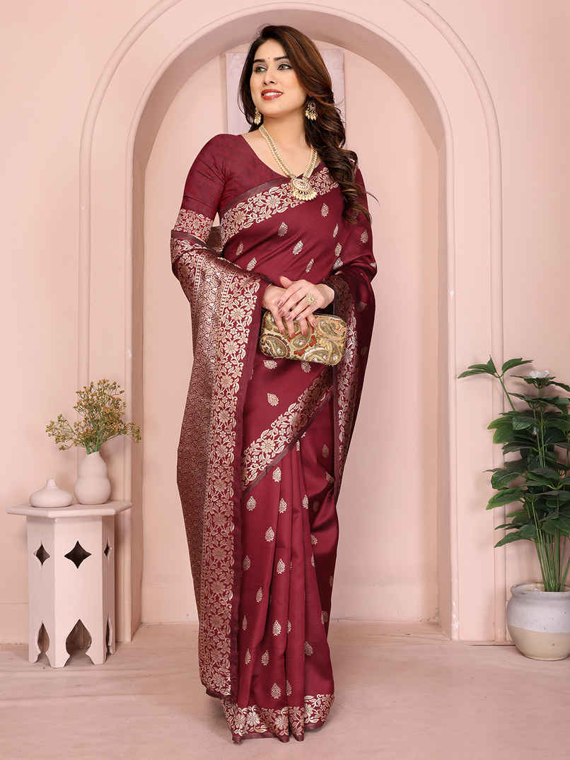 Hema Silk Mills Women Woven Banarasi Silk Blend Saree | Maroon Hema Silk Mills Women Woven Banarasi Silk Blend Saree | Maroon