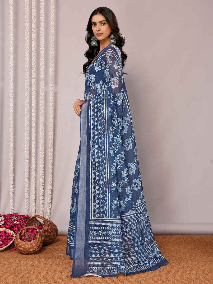 Janasya Women's Cotton Linen Floral Printed Saree with Blouse Piece | SAR444 | Navy Blue