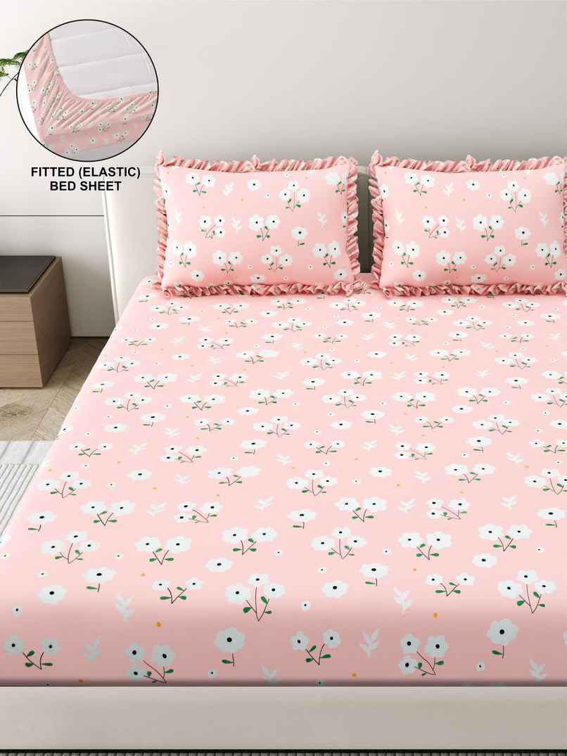 DREAM WEAVERZ Elastic Fitted Double Bedsheet | 2 Frill Pillow Covers | Polycotton | Baby Pink