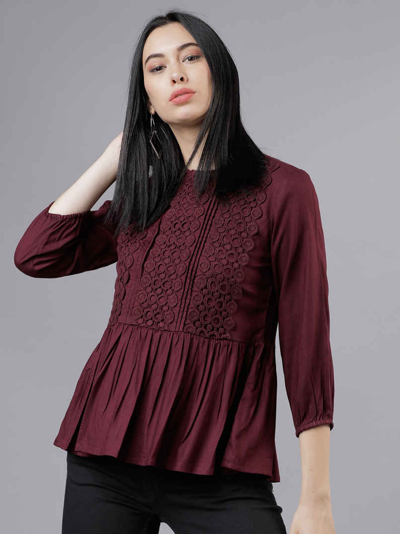 Tokyo Talkies Women's Lace Inserts Peplum Top | Burgundy - S Tokyo Talkies Women's Lace Inserts Peplum Top | Burgundy - S