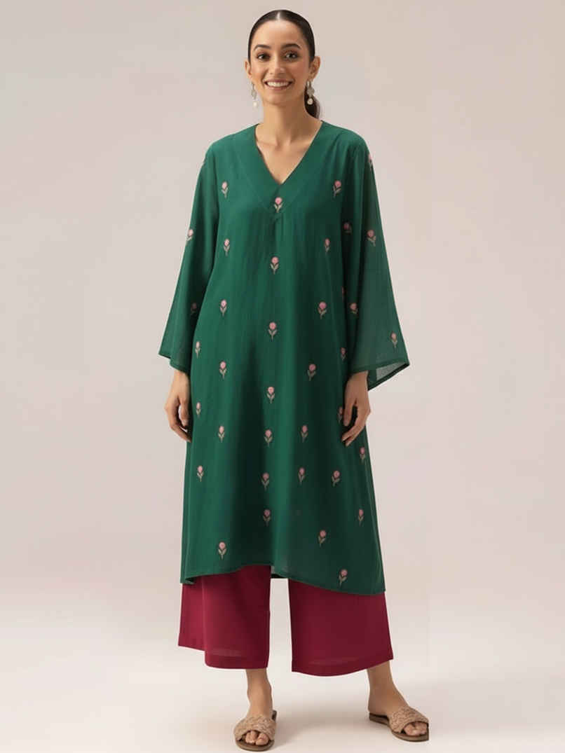 GoSriKi Women's Rayon Viscose A-Line Printed Kurta with Palazzo | Qushi Green | S GoSriKi Women's Rayon Viscose A-Line Printed Kurta with Palazzo | Qushi Green | S