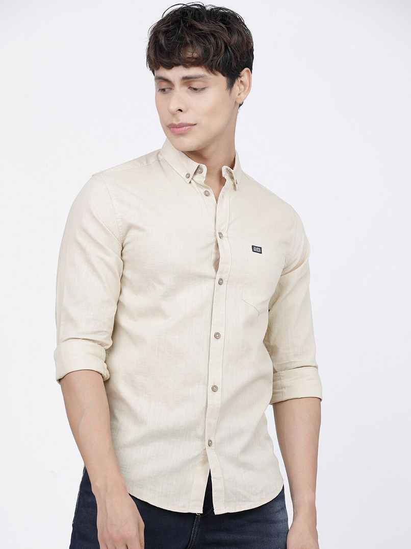 The Indian Garage Co Men's Slim Fit Solid Casual Shirt | Light Beige - M The Indian Garage Co Men's Slim Fit Solid Casual Shirt | Light Beige - M