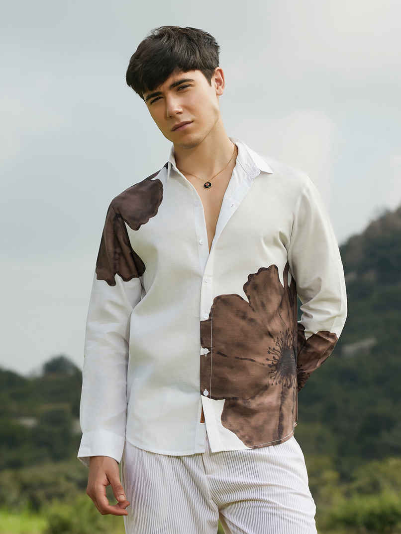 Campus Sutra Men's Primrose Flora Shirt | Ash Brown - M