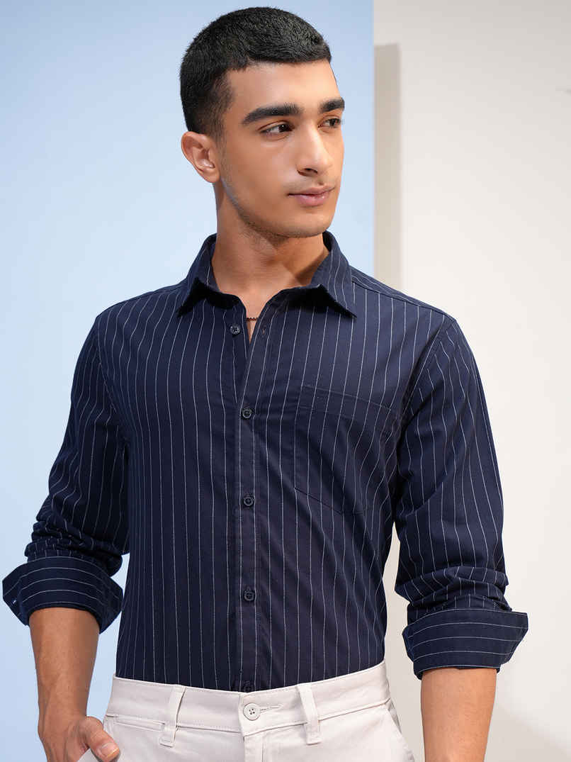Highlander Men's Striped Slim FIt Shirt | Navy & White - L Highlander Men's Striped Slim FIt Shirt | Navy & White - L