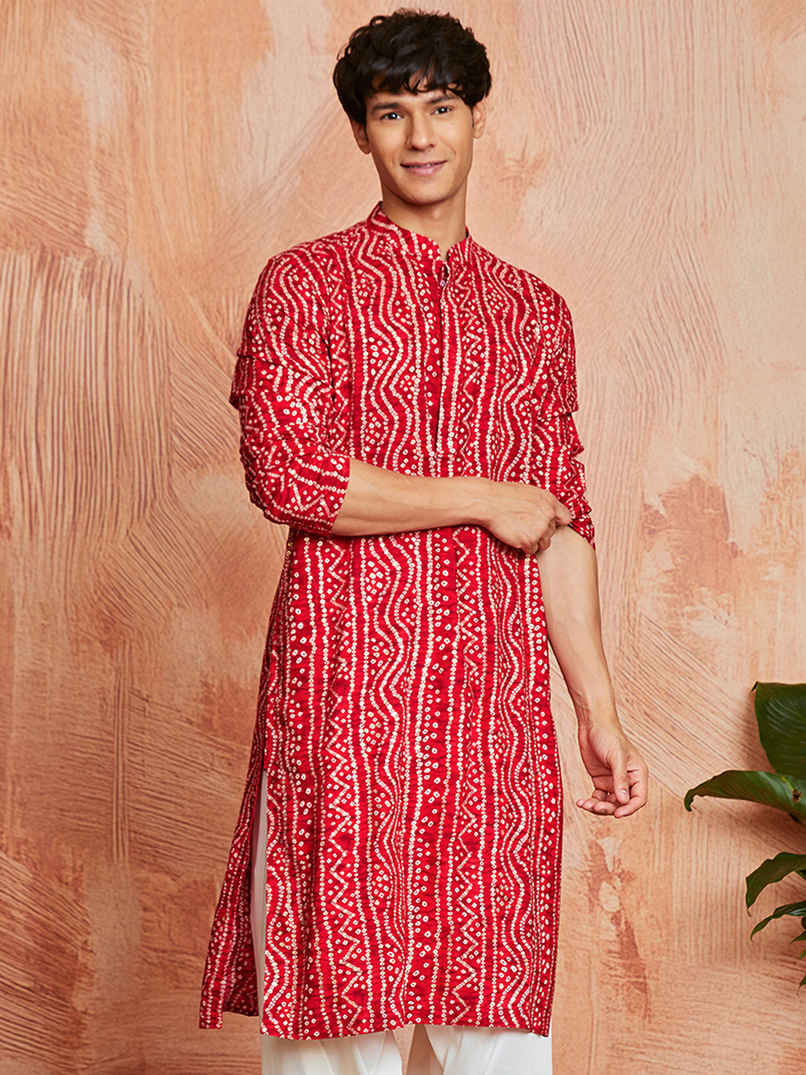 VASTRAMAY Men's Red Bandhni Rayon Kurta & Pyjama Set (XL)