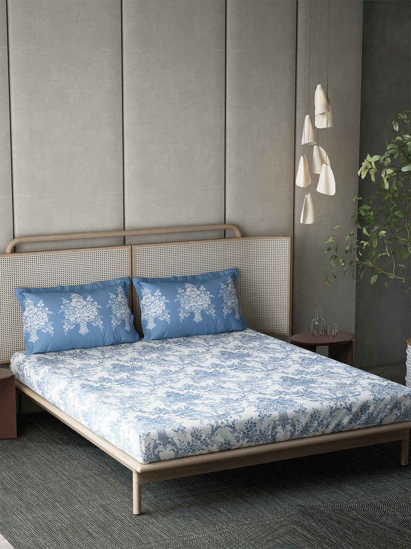 D'Decor Gifting Cotton Queen Flat Bedsheet | 145 TC Two Pillow Covers | Ethnic Blue