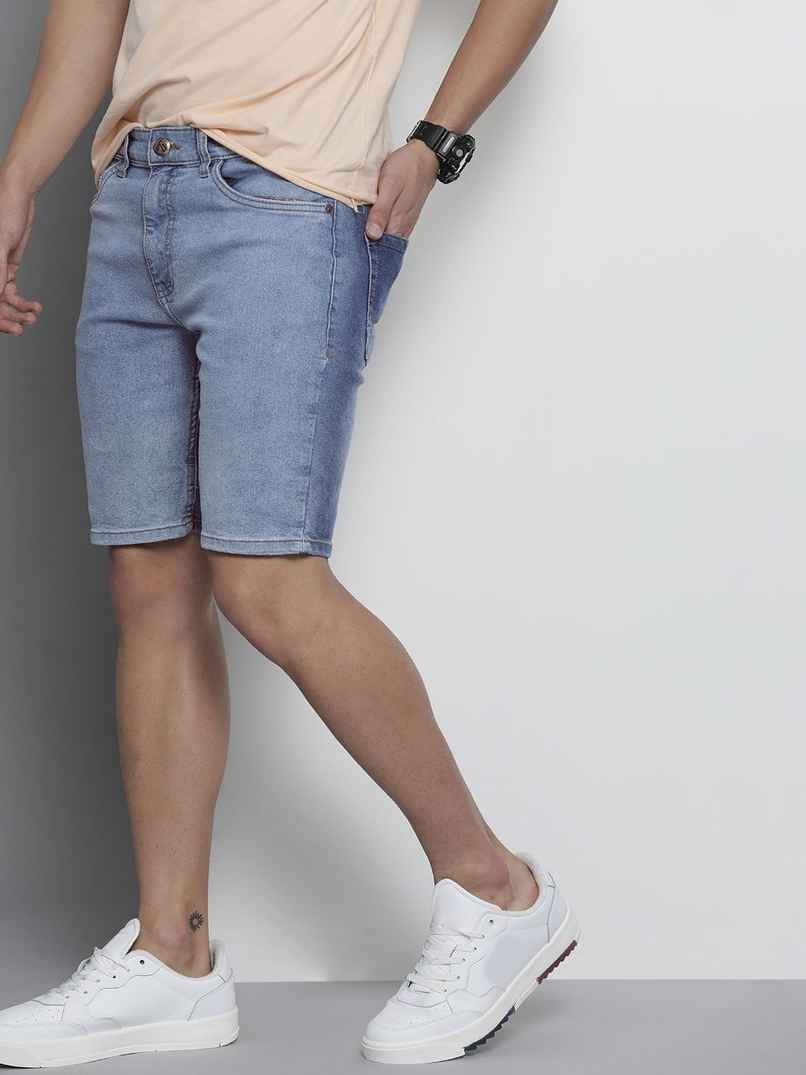 The Indian Garage Co Men | Slim Fit Solid Casual Denim Shorts | Light Blue | 32