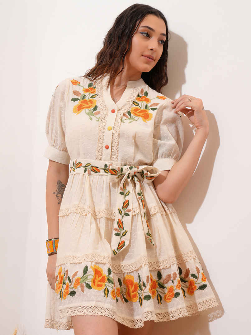 Vishudh Women's Embroidered Short Tiered Dress With Belt | Off White - L Vishudh Women's Embroidered Short Tiered Dress With Belt | Off White - L