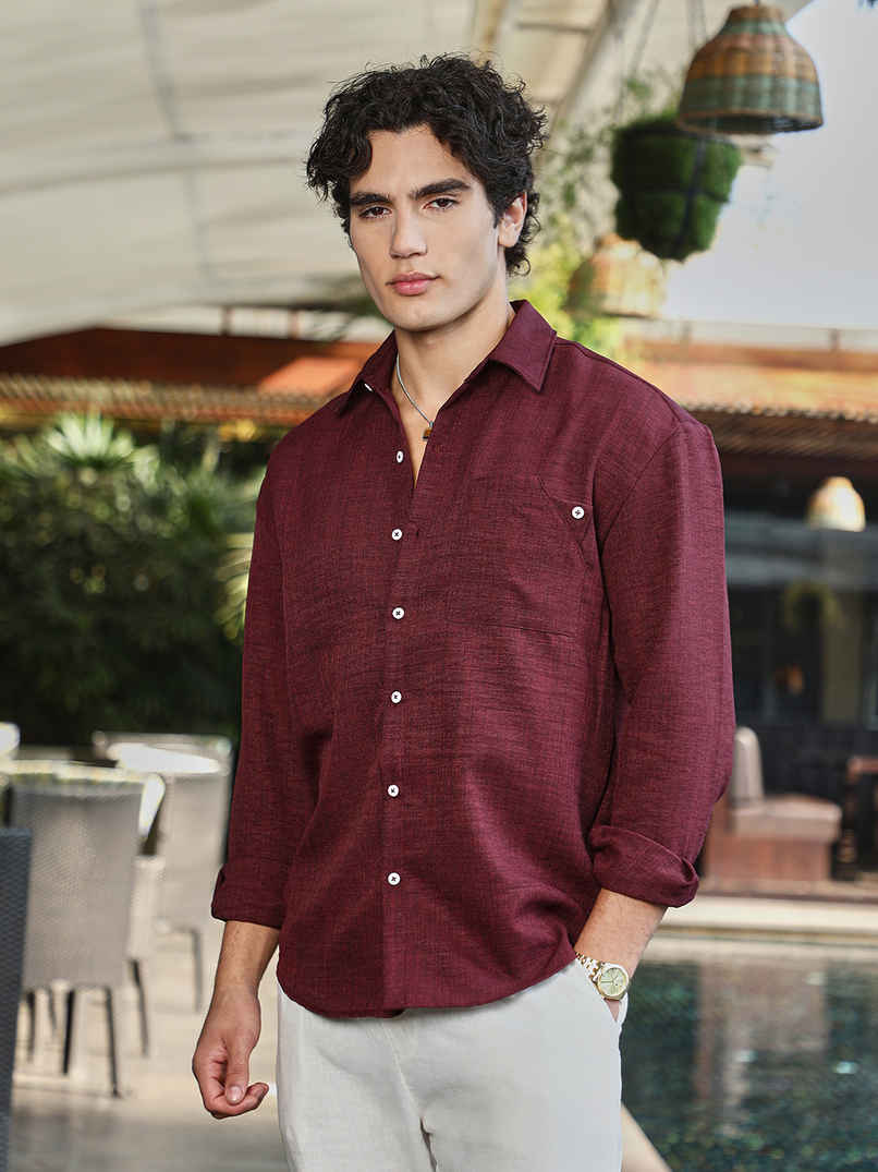 Campus Sutra Men's Modular Solid Oversized Shirt | Wine Red - M