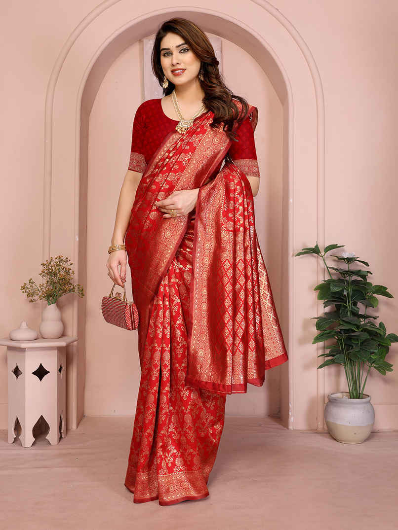 Hema Silk Mills Women Woven Banarasi Silk Blend Saree | Red Hema Silk Mills Women Woven Banarasi Silk Blend Saree | Red