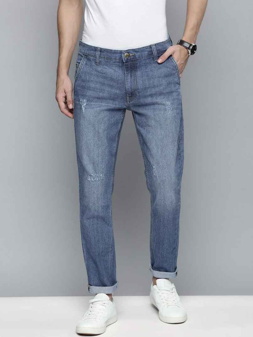 The Indian Garage Co Men's Slim Fit Solid Casual Textured Jeans | Blue - 30 The Indian Garage Co Men's Slim Fit Solid Casual Textured Jeans | Blue - 30