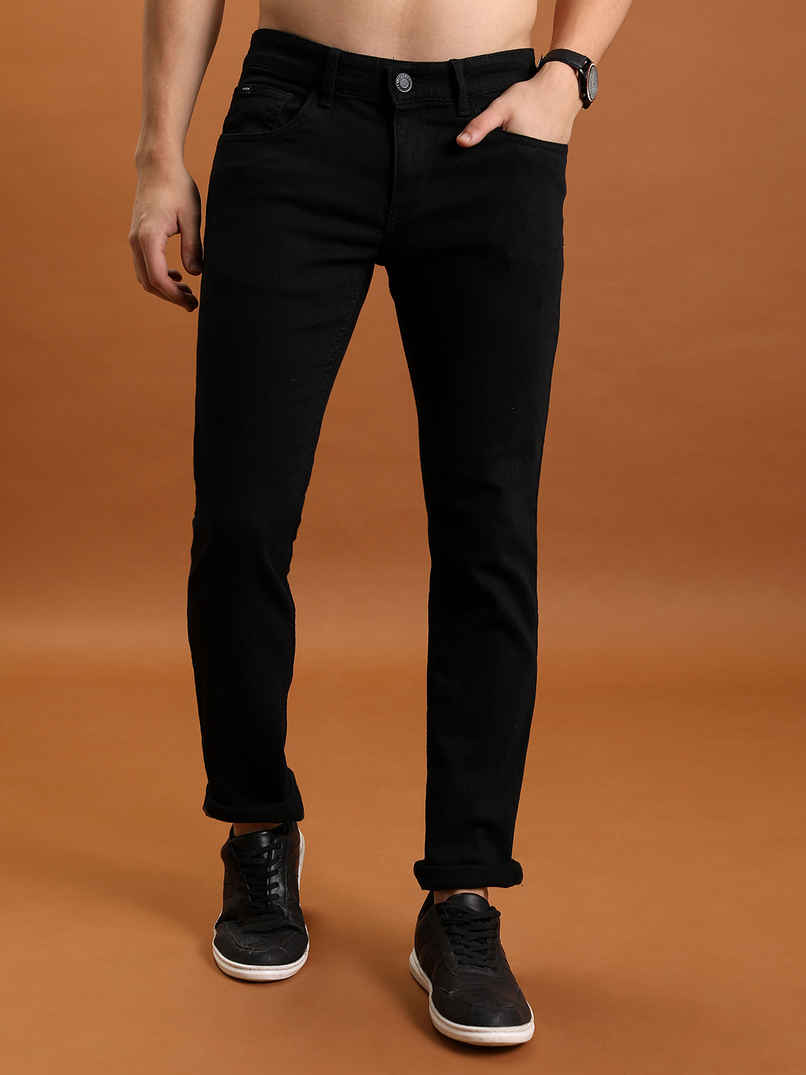 Highlander Men's Straight Fit Mid-Rise Clean Look Stretchable Jeans | Black - 30