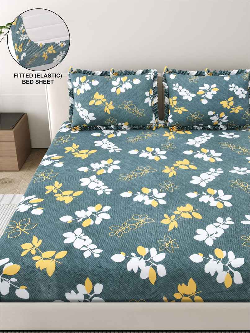 DREAM WEAVERZ Elastic Fitted Double Bedsheet | 2 Frill Pillow Covers | Polycotton | Grey DREAM WEAVERZ Elastic Fitted Double Bedsheet | 2 Frill Pillow Covers | Polycotton | Grey