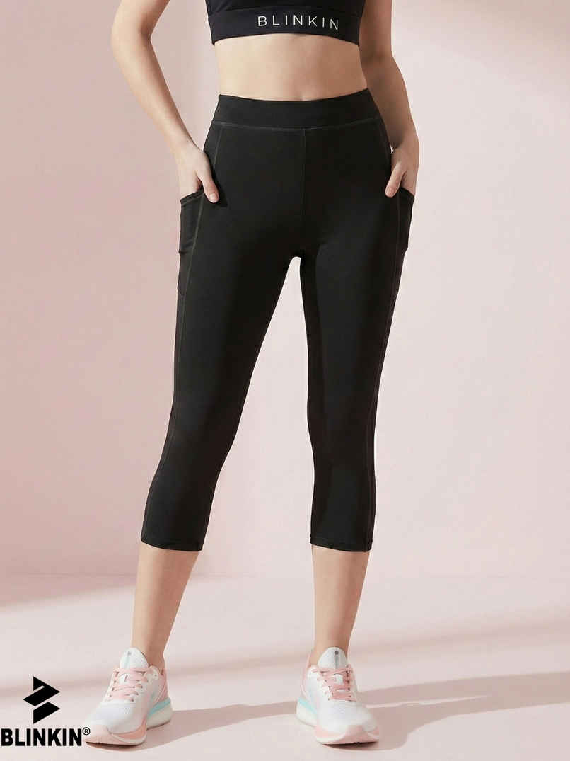 Blinkin Women's 3/4 Gym Tights - Black | Grey | With Side Pockets | Perfect For Yoga | L Blinkin Women's 3/4 Gym Tights - Black | Grey | With Side Pockets | Perfect For Yoga | L