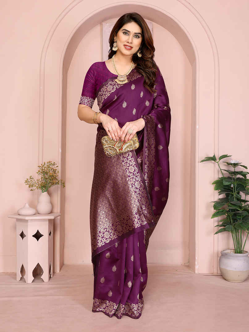Hema Silk Mills Women Woven Banarasi Silk Blend Saree | Wine Hema Silk Mills Women Woven Banarasi Silk Blend Saree | Wine