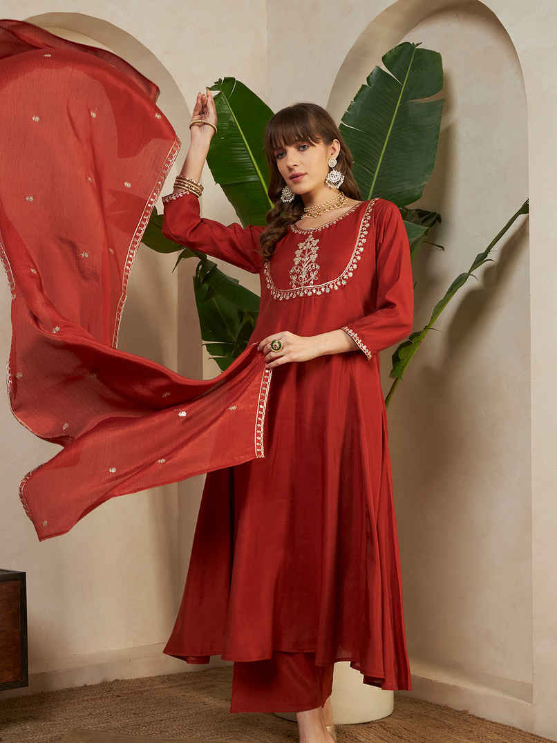 Sheetal Associates Anarkali Kurta Pant Dupatta Set for Women's | Kurta 127 | Maroon | S Sheetal Associates Anarkali Kurta Pant Dupatta Set for Women's | Kurta 127 | Maroon | S