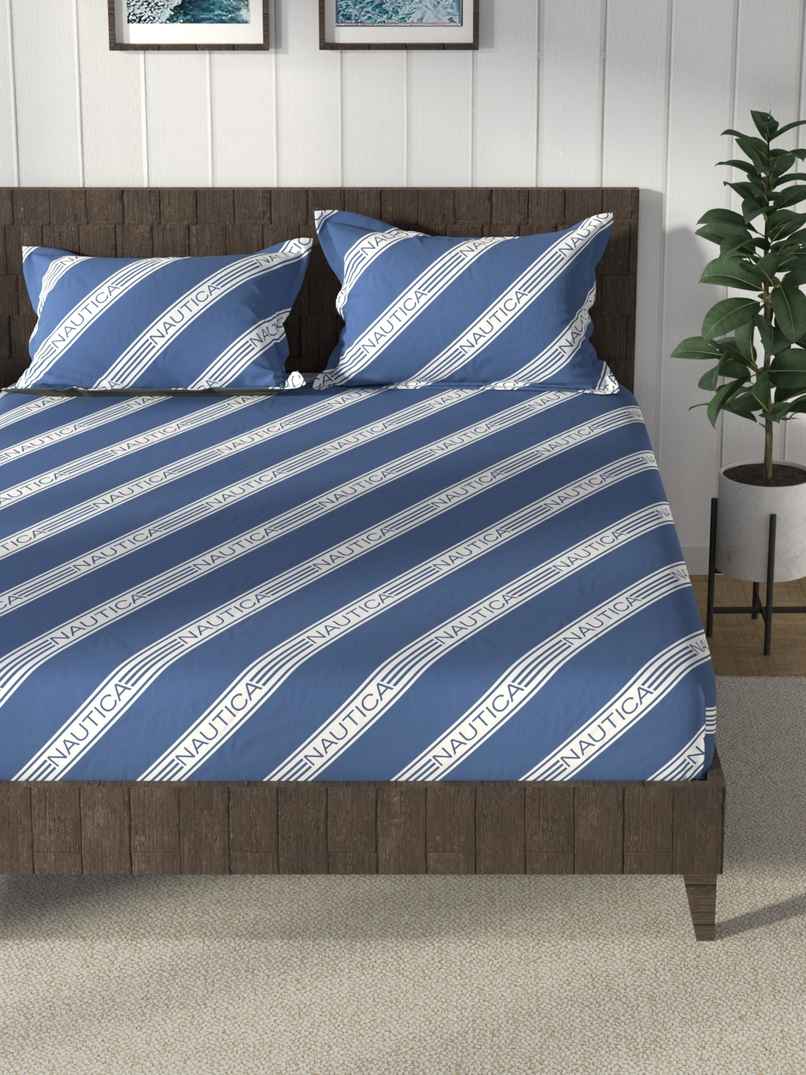 NAUTICA 100% Premium Cotton King Bedsheet With 2 Pillow Covers | Noridge Stripe | Blue
