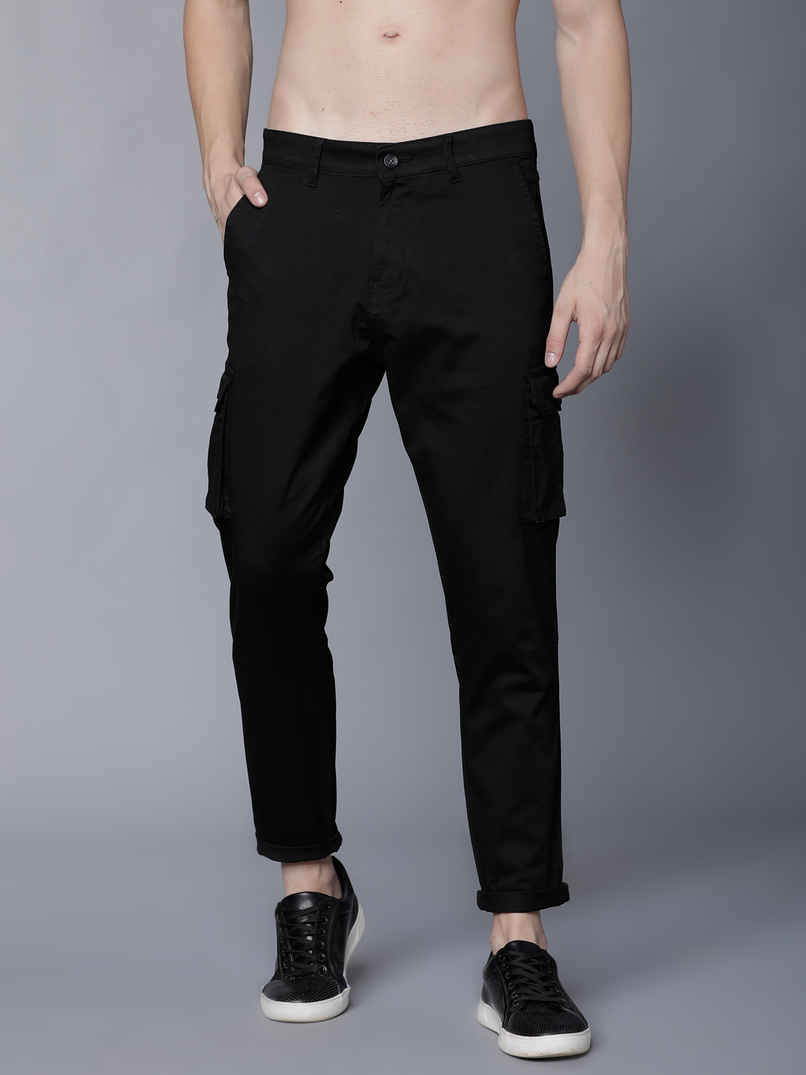 HIGHLANDER Men's Slim Fit Solid Cargos | Black - 34 HIGHLANDER Men's Slim Fit Solid Cargos | Black - 34