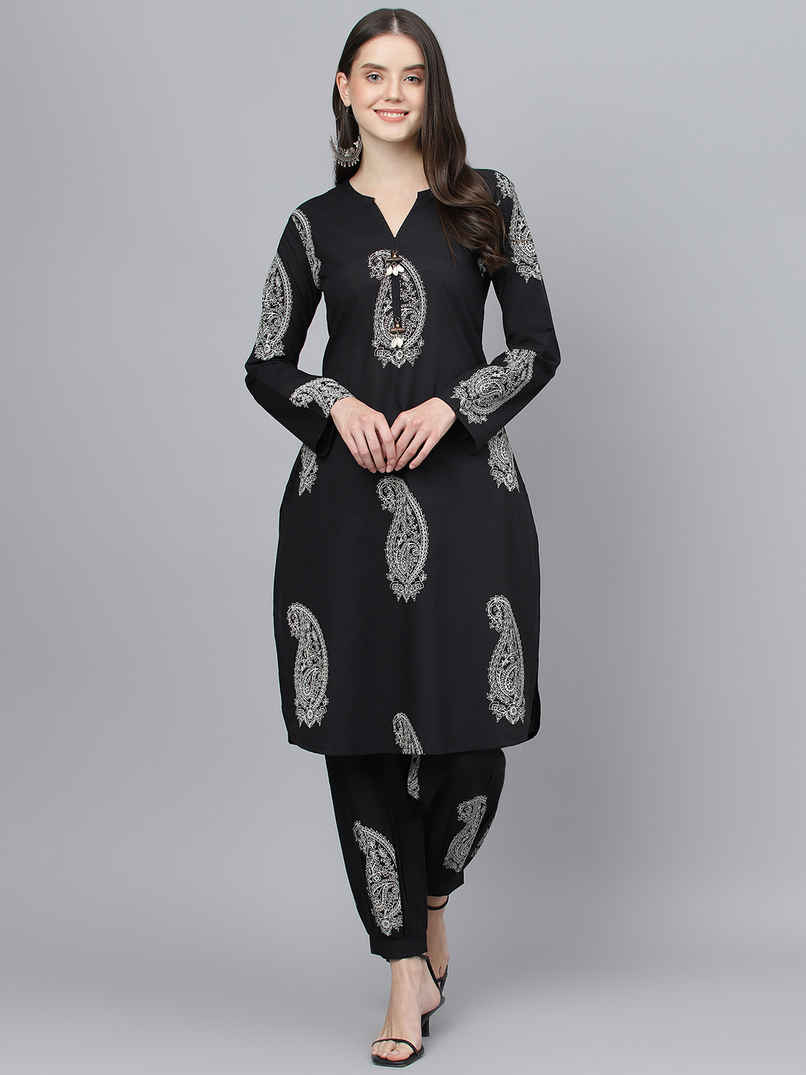 Divena Women's Cotton Straight Kurta with Curve Hem Pant Set | DK0800 | Black - M Divena Women's Cotton Straight Kurta with Curve Hem Pant Set | DK0800 | Black - M