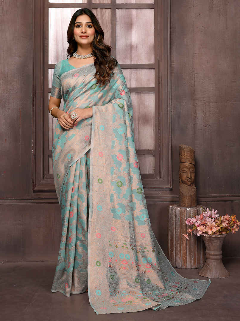 Janasya Women's Cotton Linen Floral Woven Design Saree with Blouse Piece | SAR403 | Light Blue
