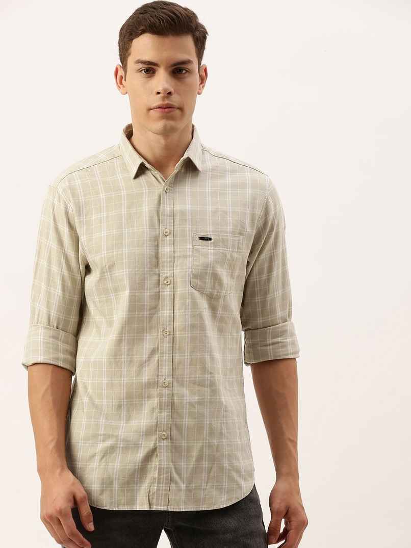 The Indian Garage Co Men's Slim Fit Checkered Casual Shirt | Beige - XL