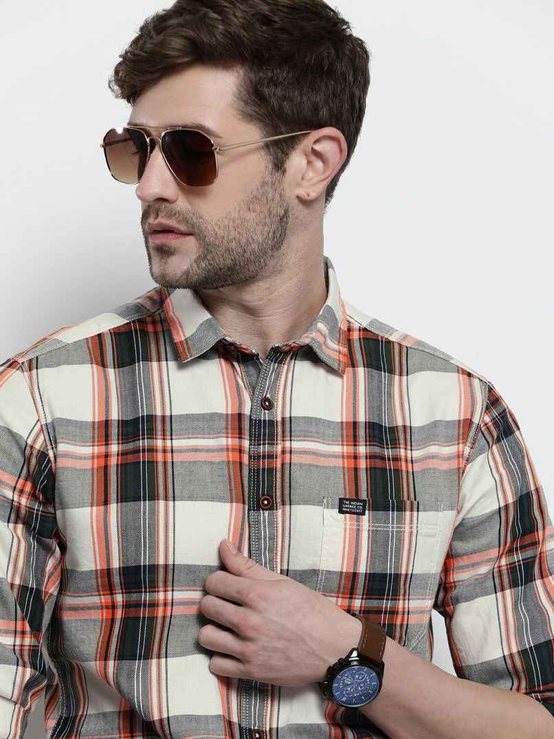 The Indian Garage Co Men's Slim Fit Checked Casual Shirt | Cream - S The Indian Garage Co Men's Slim Fit Checked Casual Shirt | Cream - S